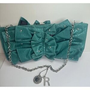 Rampage VTG Y2K Ruffle Teal Bow Clutch Purse Faux Leather Bag Retro Coquette